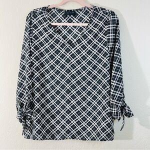 Premise V-Neck Plaid 3/4 Sleeve Blouse Women Large Black/White Casual Career